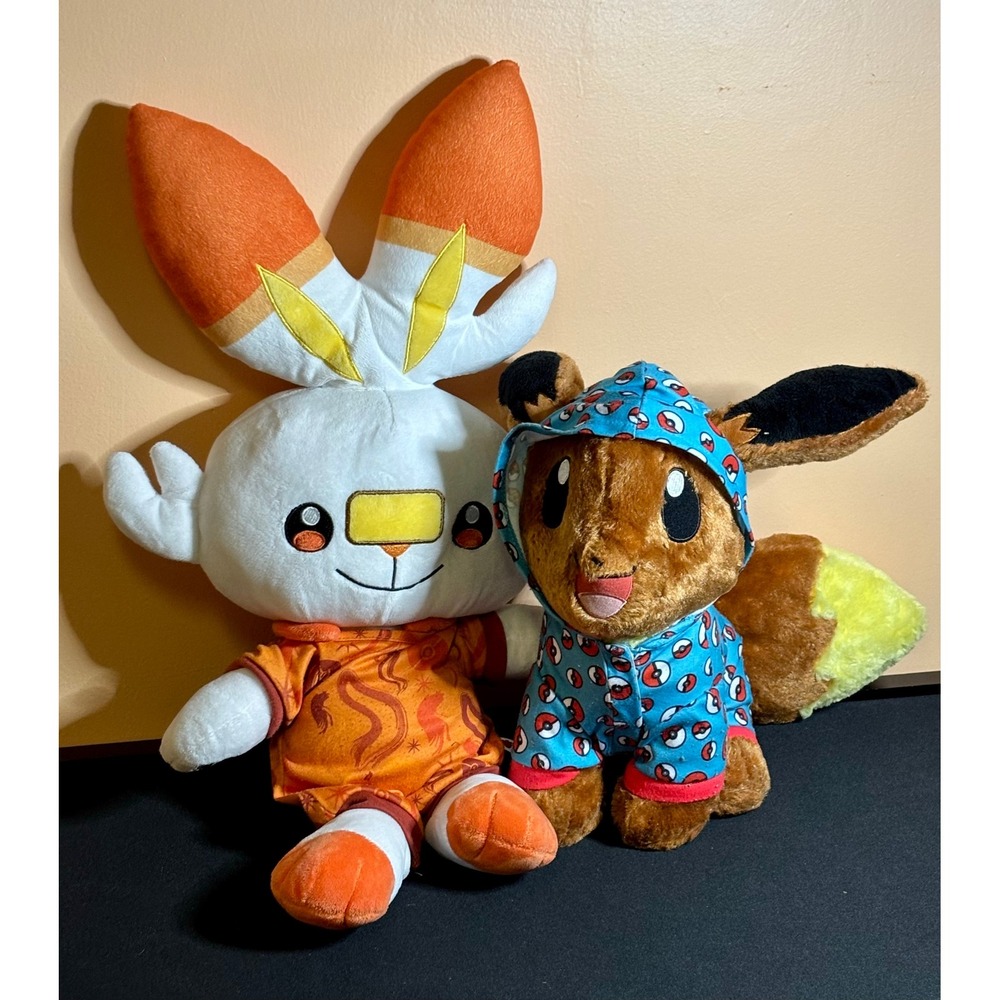 Build A Bear Pokemon Plush Lot Scorbunny Eevee with Pajama Sleepers BABW Bundle